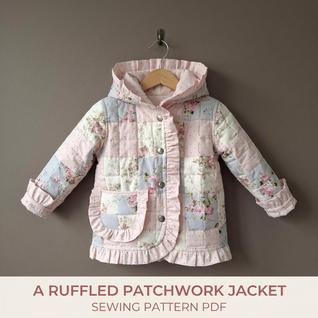 Kids Ruffle Patchwork Quilted Jacket Sewing Pattern PDF – Girls Hooded Quilt Coat