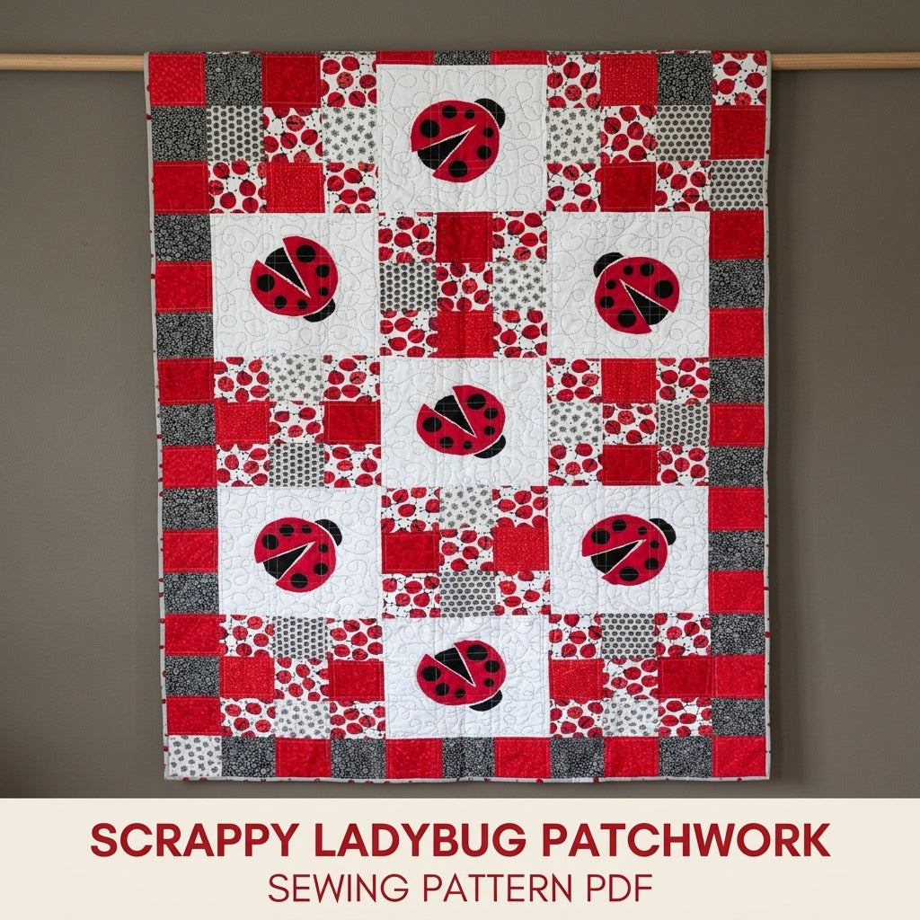 Scrappy Ladybug Patchwork Quilt Sewing Pattern PDF – Red and White Appliqué Quilt