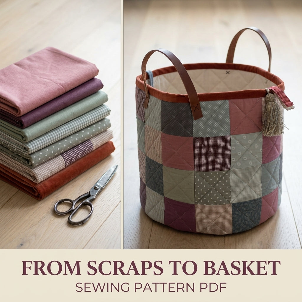 Patchwork Storage Basket Sewing Pattern PDF – Quilted Fabric Basket with Leather Handles