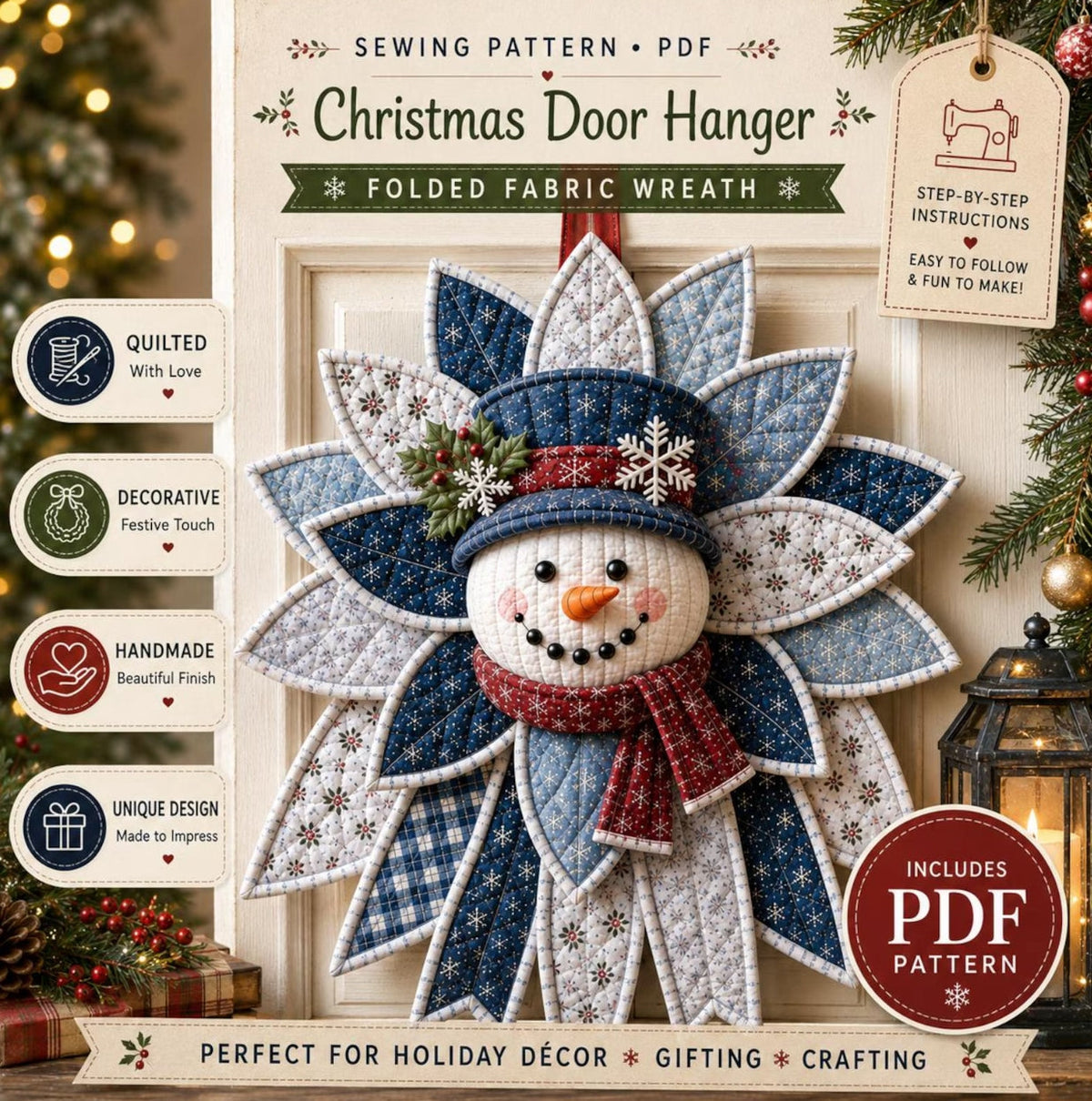 Christmas Door Hanger Sewing Pattern — Folded Fabric Snowman Wreath, No-Quilting Method, PDF Download