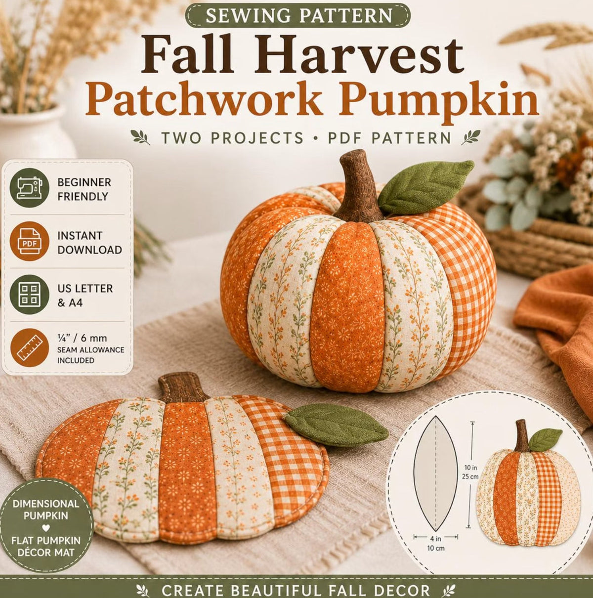 Patchwork Pumpkin Sewing Pattern — 3D Fabric Pumpkin and Flat Décor Mat, Two Projects, Beginner Friendly, PDF Download