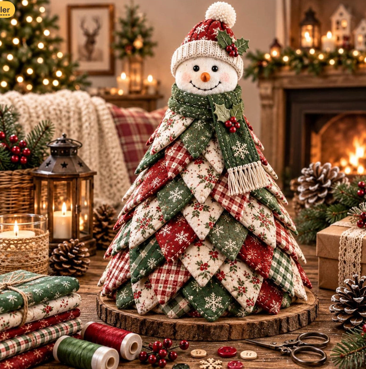 Folded Fabric Christmas Tree Sewing Pattern — Standing Snowman Cone Tree, No-Sew Petal Method, PDF Download