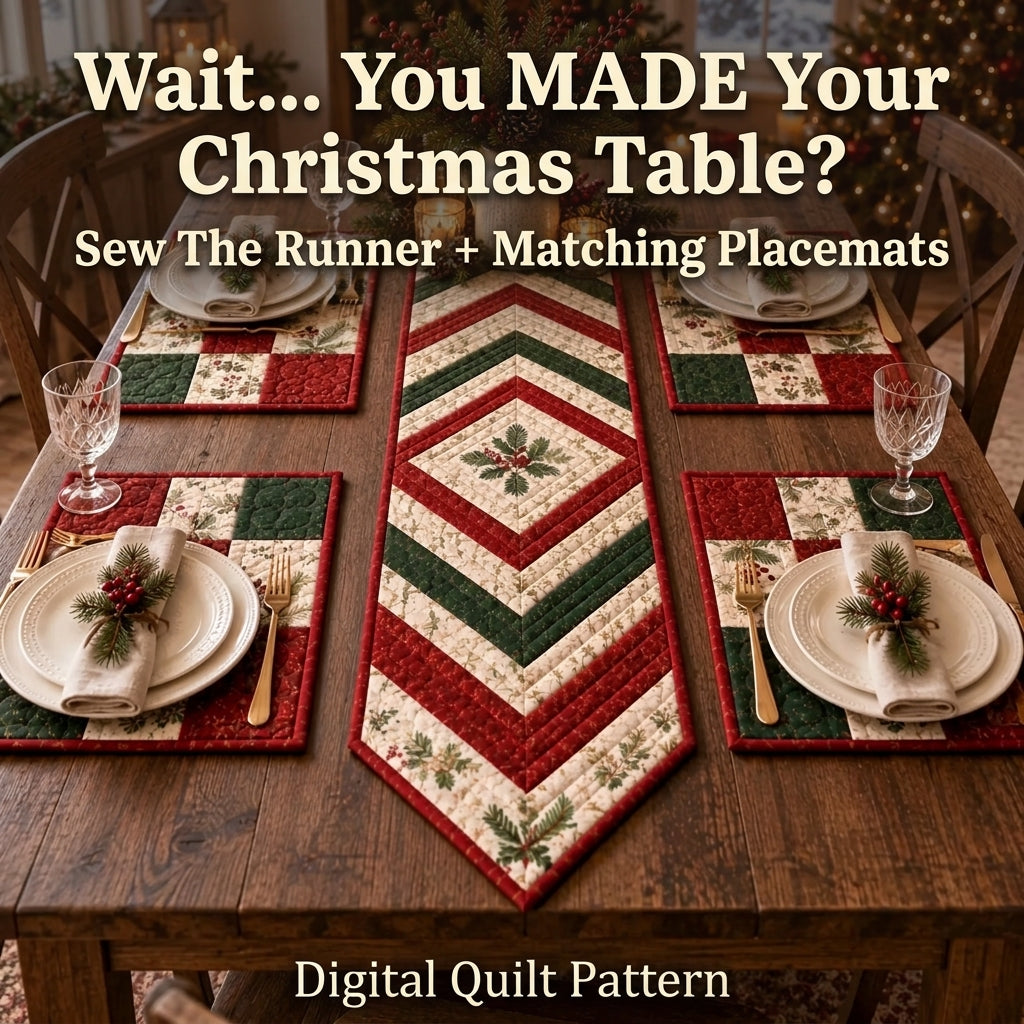 Christmas Table Runner & Placemats Quilt Pattern | Chevron Strip-Pieced Set of 5 | Beginner Quilting Project | PDF Instant Download