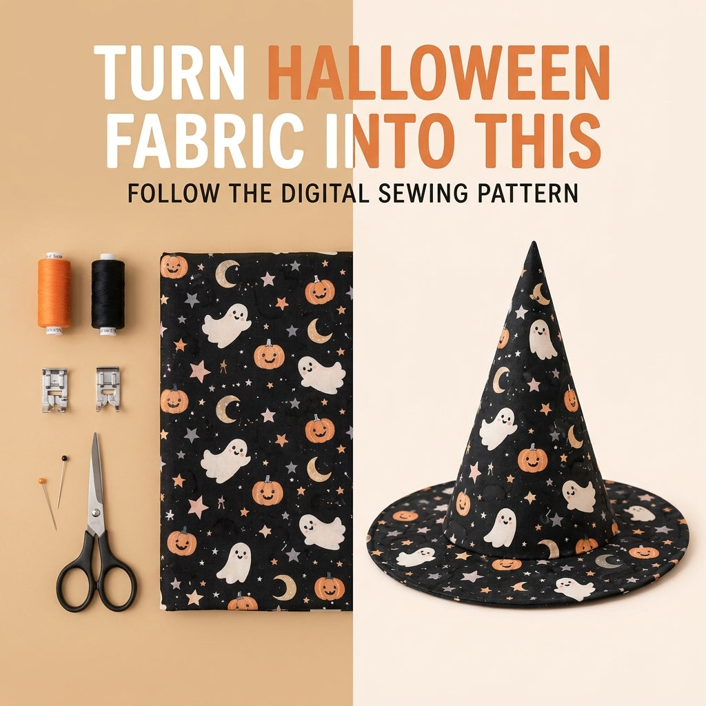 Quilted Witch Hat Table Topper PDF Sewing Pattern | Free-Standing Halloween Centrepiece with Bendy Tip | Black Cat Patchwork | Instant Download