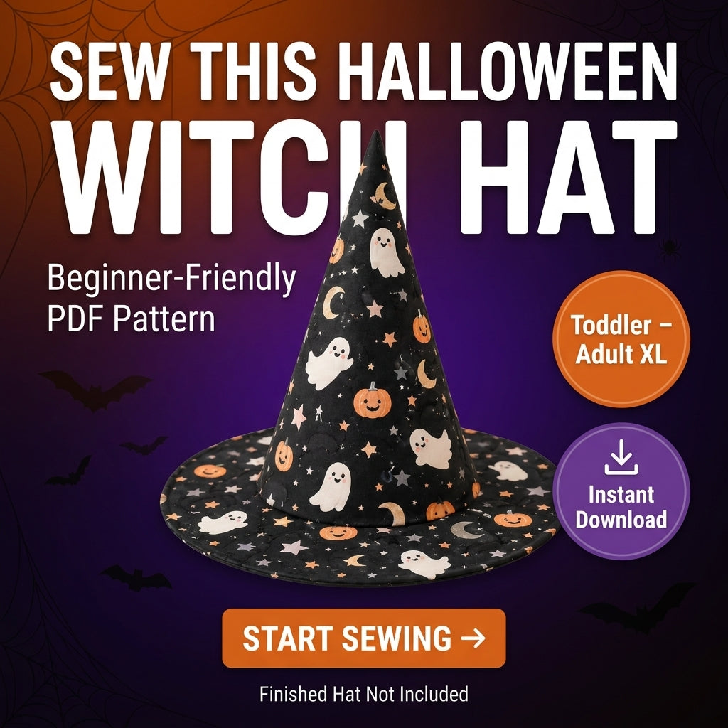 Quilted Witch Hat Table Topper PDF Sewing Pattern | Free-Standing Halloween Centrepiece with Bendy Tip | Black Cat Patchwork | Instant Download