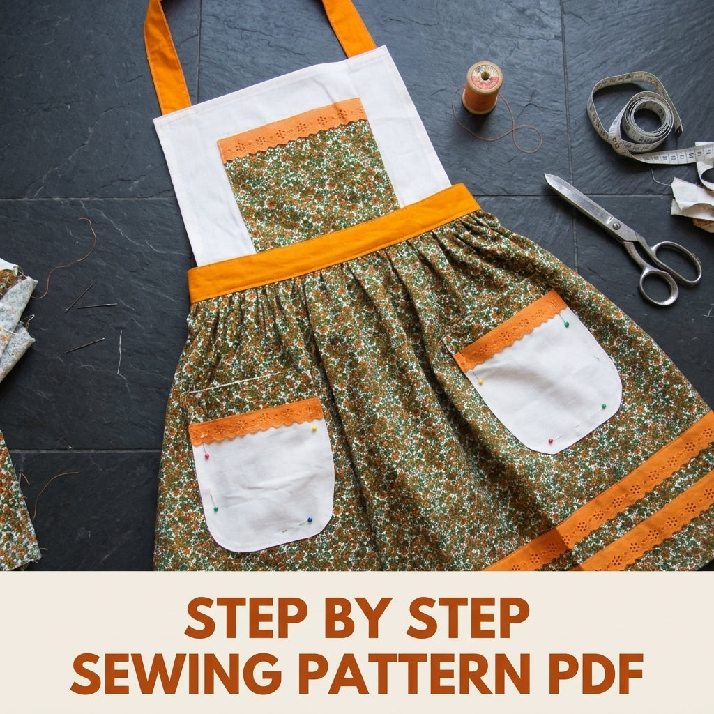 Vintage Orange Trim Apron Sewing Pattern PDF – Retro Full Apron
