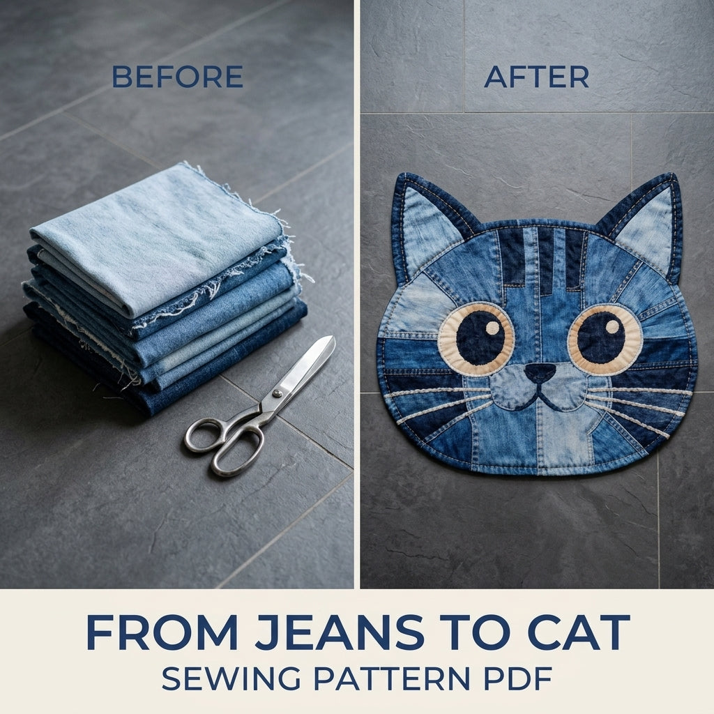 Denim Cat Face Rug Sewing Pattern PDF – Upcycled Jeans Cat Mat