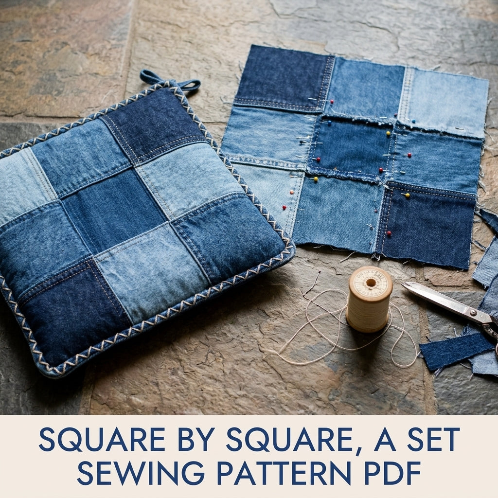 Denim Patchwork Chair Cushion Set Sewing Pattern PDF – Upcycled Jeans Seat Pads