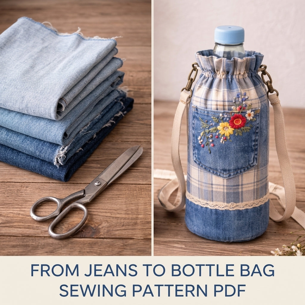 Embroidered Pocket Bottle Bag Sewing Pattern PDF – Upcycled Jeans Bottle Holder