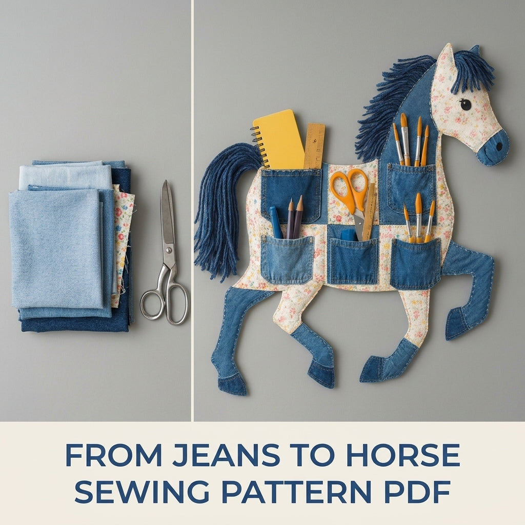 Denim Horse Pocket Organizer Sewing Pattern PDF – Upcycled Jeans Wall Hanging