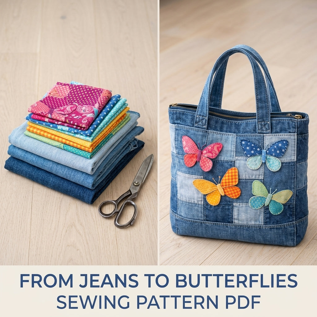 Patchwork Butterfly Denim Tote Sewing Pattern PDF – Upcycled Jeans Zip Bag