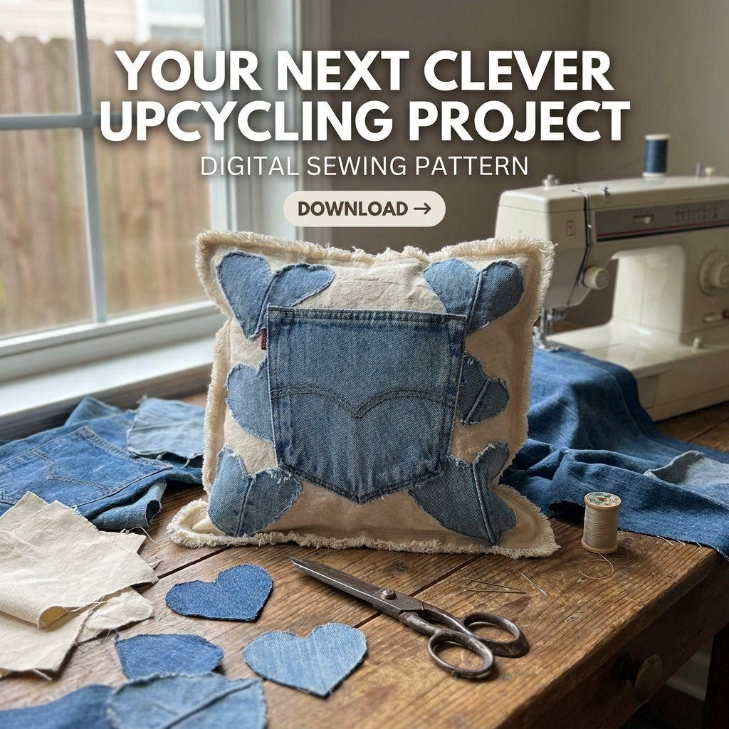 Upcycled Denim Heart Pillow Pattern | Jeans Pocket & Appliqué Hearts on Raw Canvas | Beginner Sewing Project | PDF Instant Download