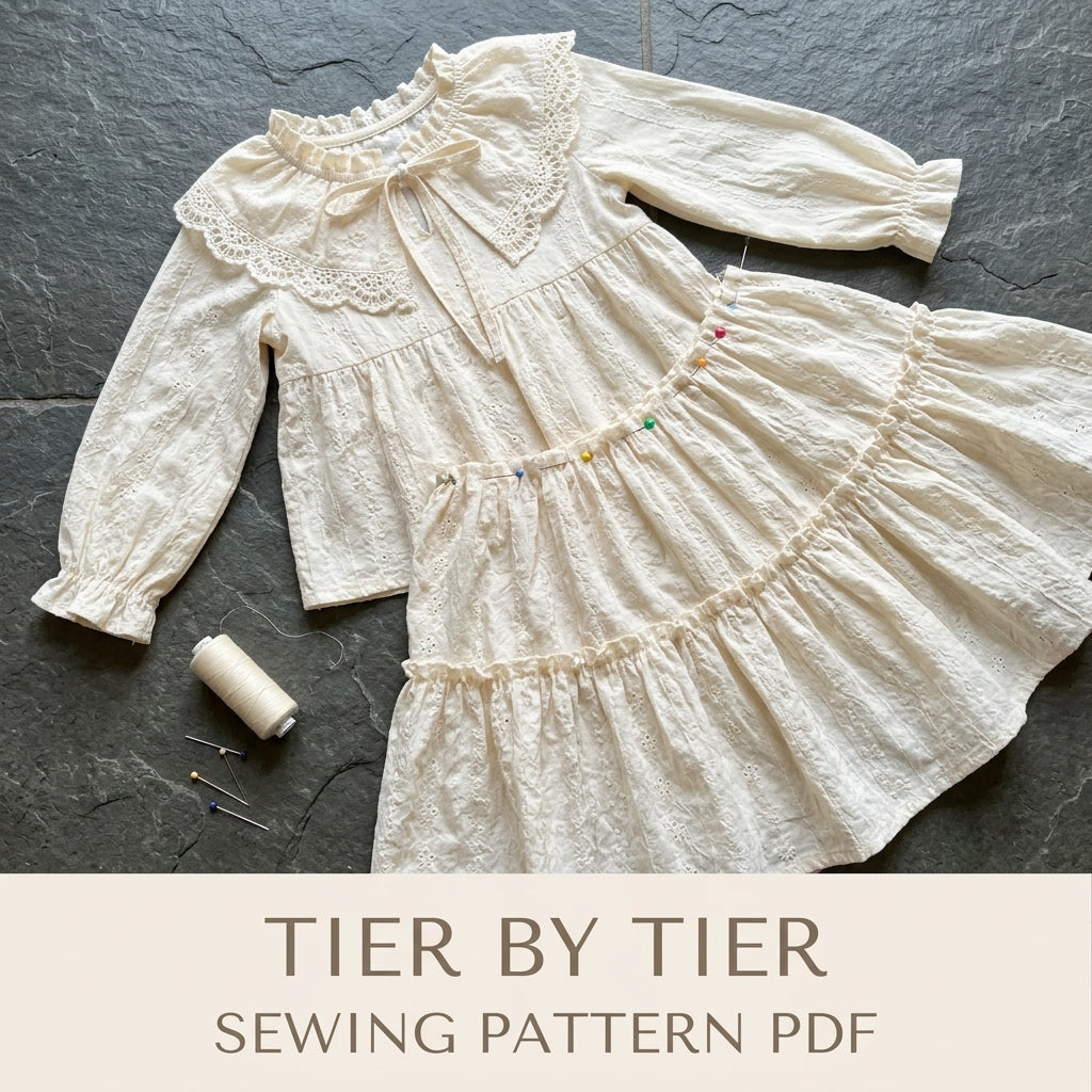 Girls Tiered Dress Sewing Pattern PDF – Eyelet Dress with Lace Collar