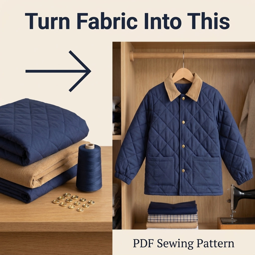 Classic Quilted Jacket Sewing Pattern for Kids – Corduroy Collar, Snap Front – Sizes 2–12 – PDF