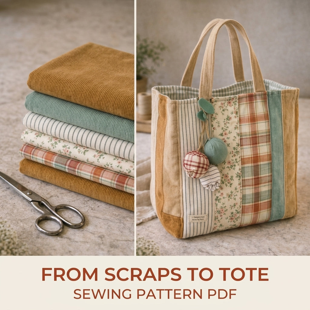 Corduroy Strip Patchwork Tote Sewing Pattern PDF – Easy Scrap Tote Bag