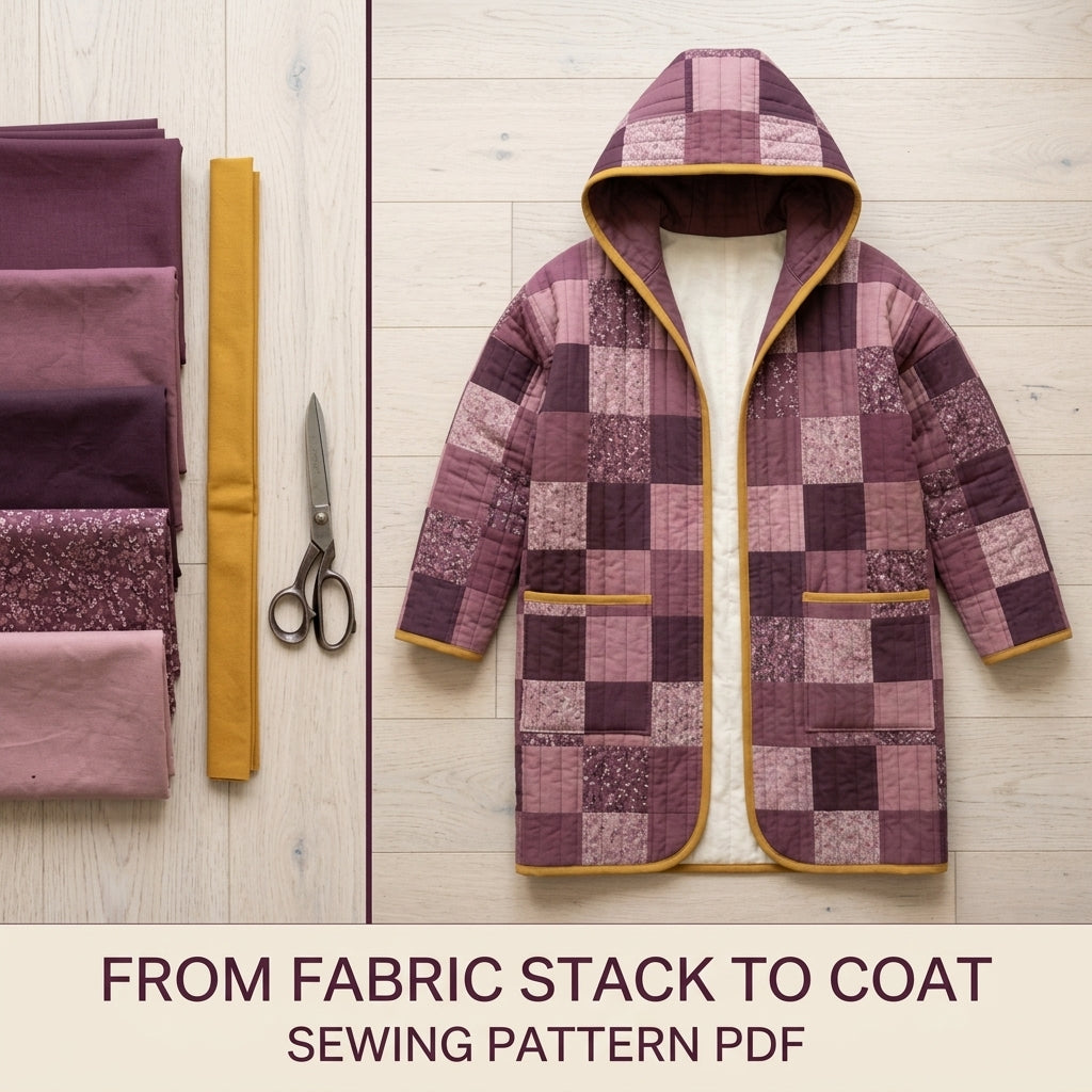 Hooded Quilted Coat Sewing Pattern PDF – Knee-Length Patchwork Quilt Coat with Bias Binding