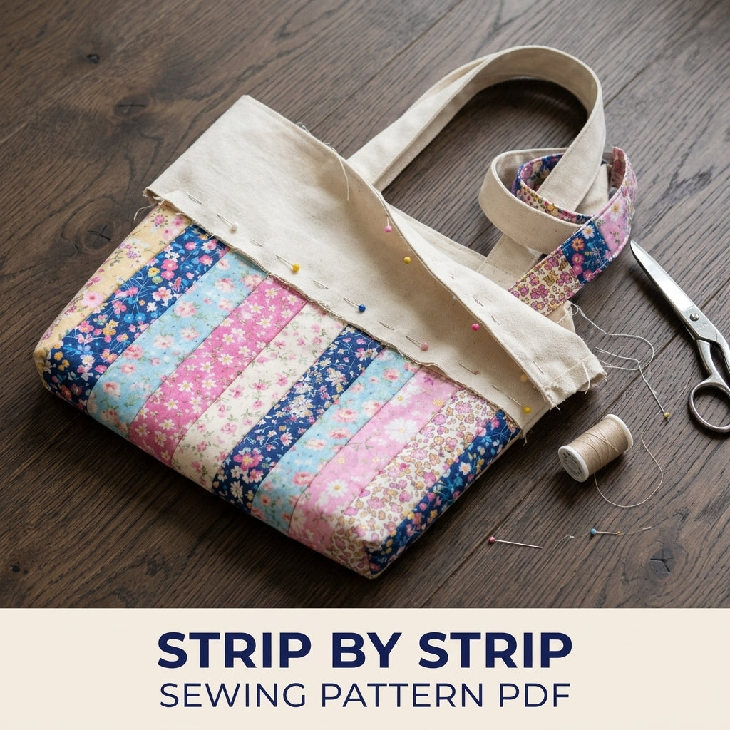 Floral Strip Linen Tote Sewing Pattern PDF – Scrappy Patchwork Tote Bag