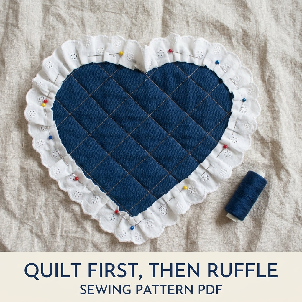 Denim Eyelet Heart Bag Sewing Pattern PDF – Quilted Heart Purse with Lace Ruffle