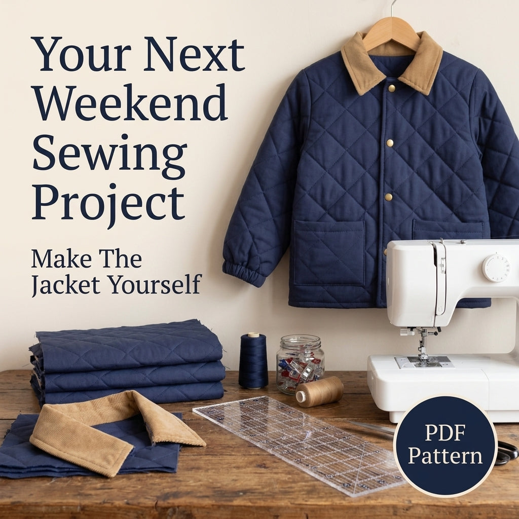 Classic Quilted Jacket Sewing Pattern for Kids – Corduroy Collar, Snap Front – Sizes 2–12 – PDF