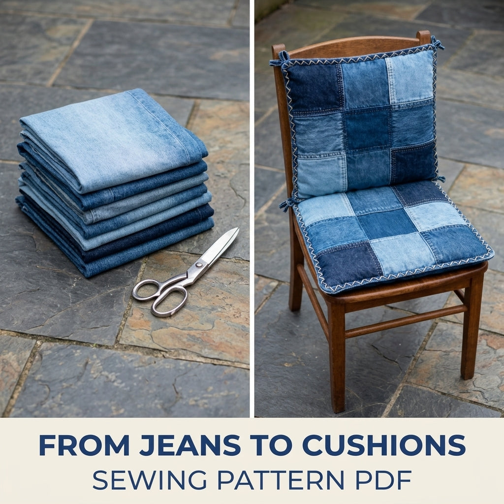 Denim Patchwork Chair Cushion Set Sewing Pattern PDF – Upcycled Jeans Seat Pads