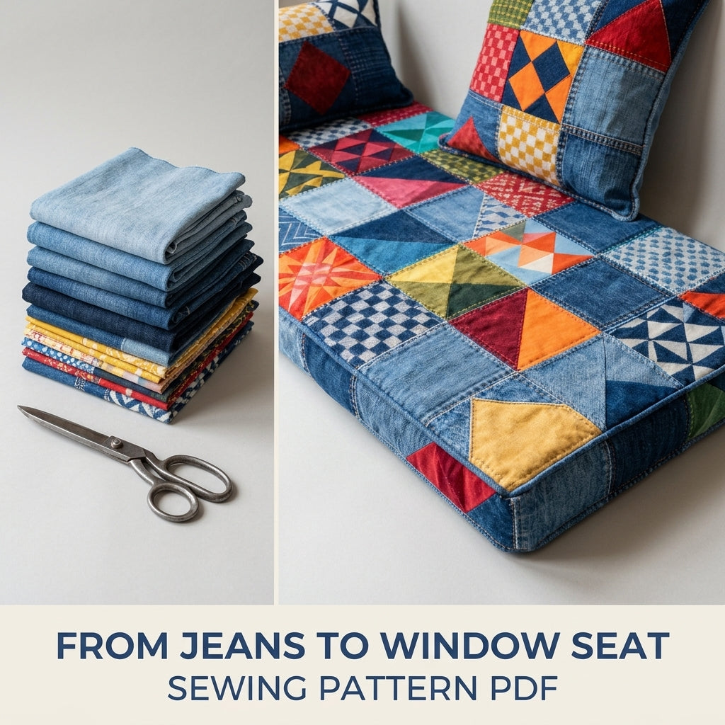 Denim Window Seat Cushion Sewing Pattern PDF – Upcycled Jeans Bench Pad