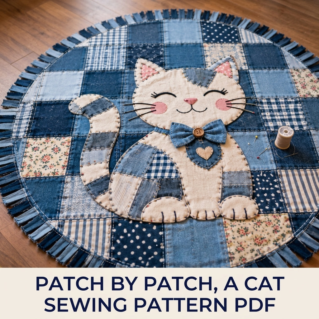 Denim Patchwork Cat Round Rug Sewing Pattern PDF – Upcycled Jeans Cat Rug