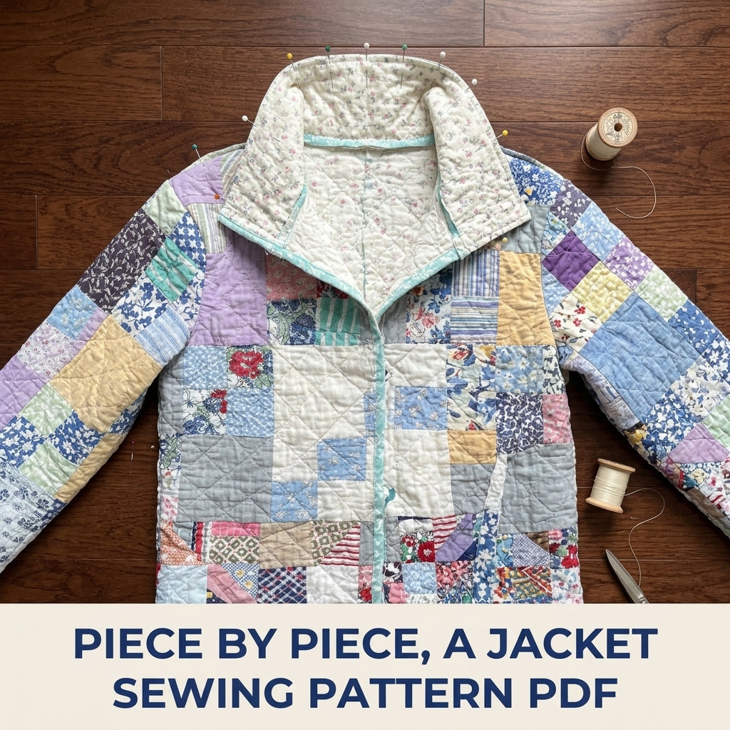 Vintage Patchwork Tie Jacket Sewing Pattern PDF – Upcycled Quilt Jacket