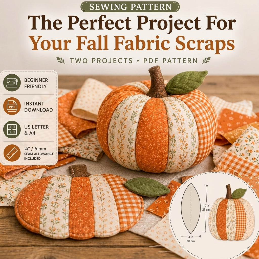 Patchwork Pumpkin Sewing Pattern — 3D Fabric Pumpkin and Flat Décor Mat, Two Projects, Beginner Friendly, PDF Download