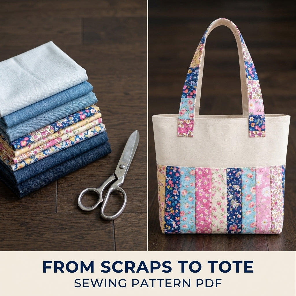 Floral Strip Linen Tote Sewing Pattern PDF – Scrappy Patchwork Tote Bag