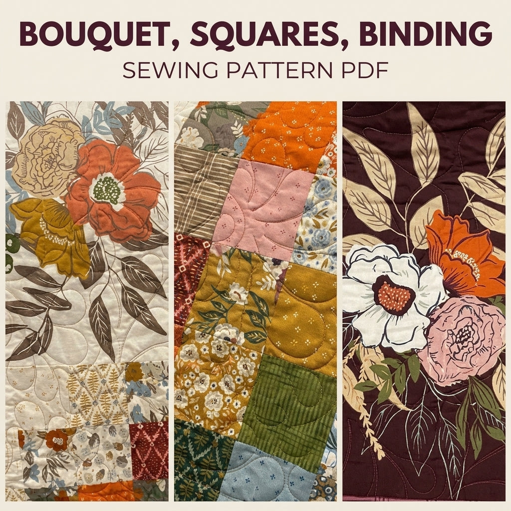Floral Panel Patchwork Quilt Sewing Pattern PDF – Easy Squares Quilt with Large Print Blocks