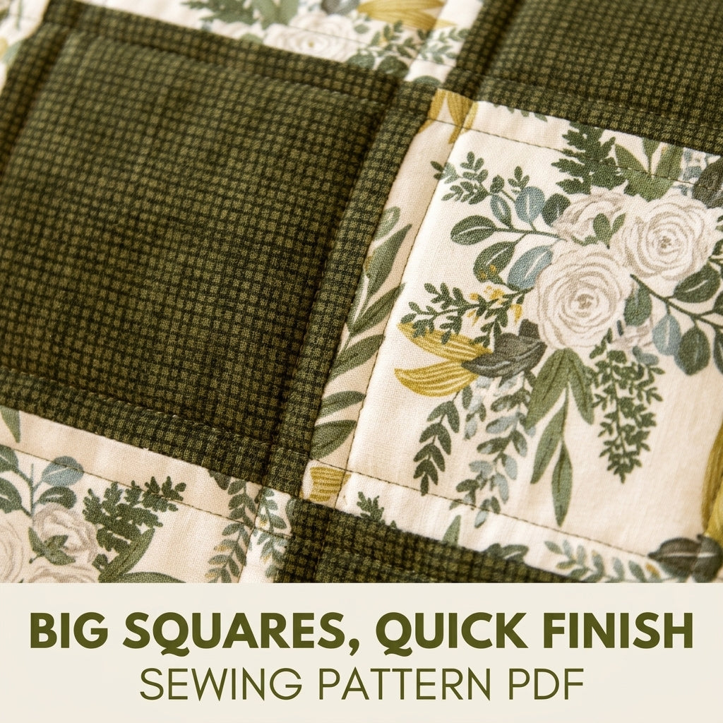 Olive Botanical Checkerboard Lap Quilt Sewing Pattern PDF – Easy Two Fabric Quilt