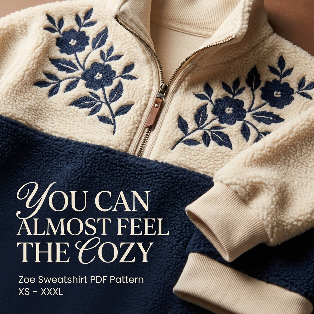 Half-Zip Sweatshirt Sewing Pattern — Colour-Block Sherpa Pullover with Stand Collar, Sizes XS–3XL, A0 and A4 Layered PDF