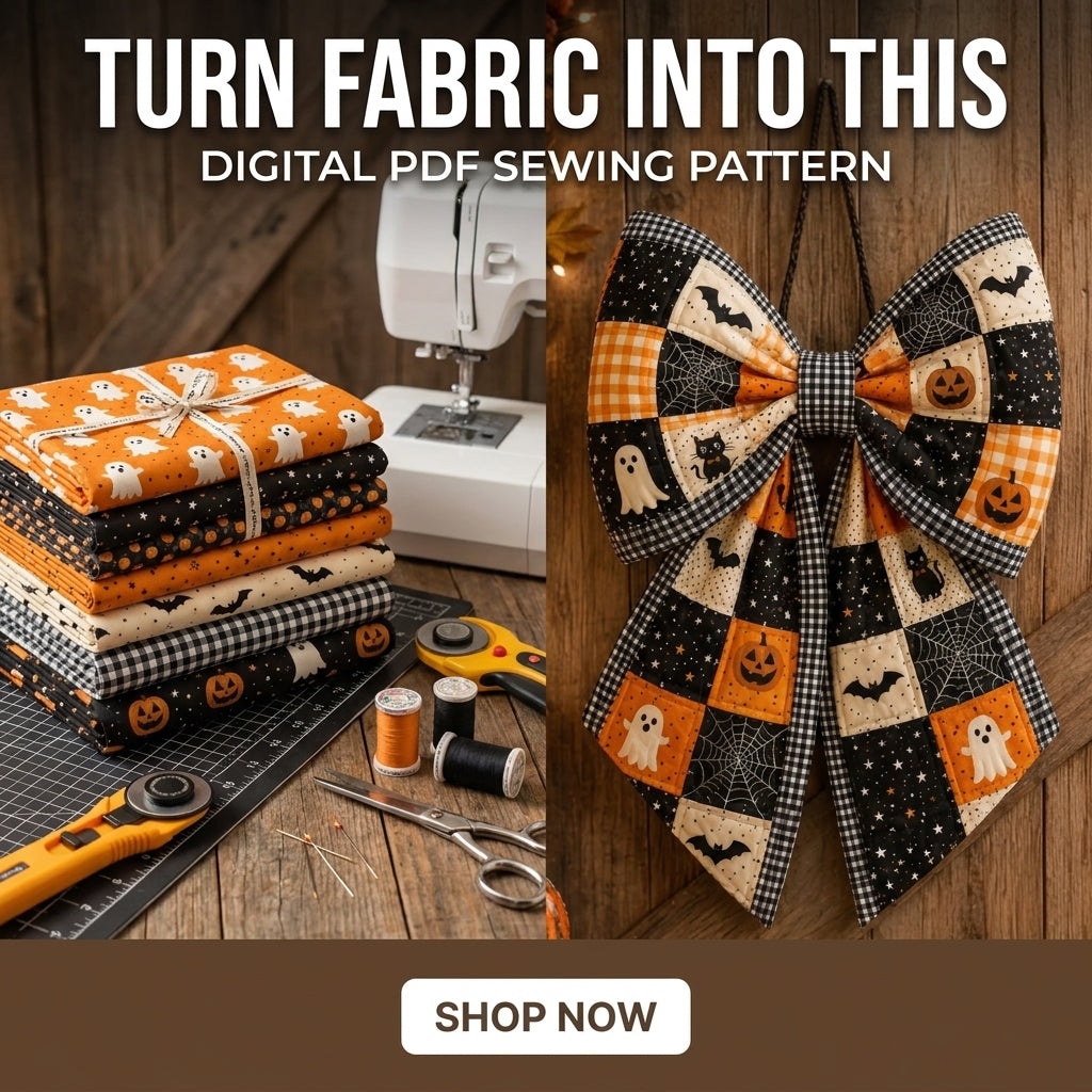 Quilted Door Bow Sewing Pattern — Oversized Patchwork Bow Hanger for Halloween, 2 Sizes, PDF Download