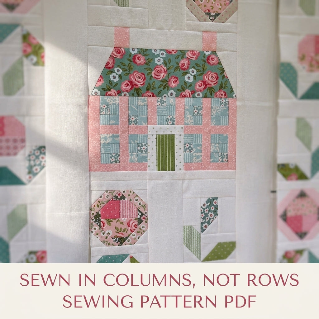 Cottage Garden Quilt Pattern PDF – Column Flower Quilt with Pieced House Block