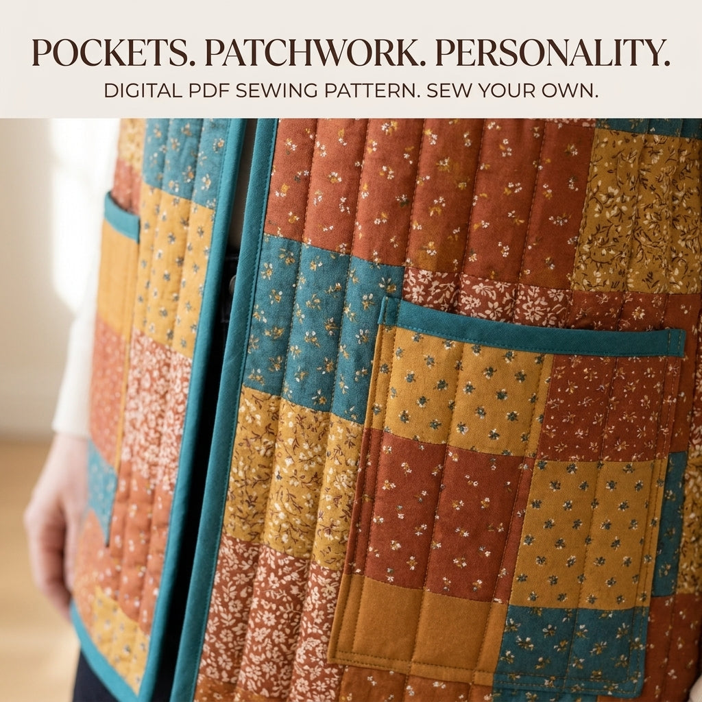 Quilted Vest Sewing Pattern – Patchwork Vest with Patch Pockets