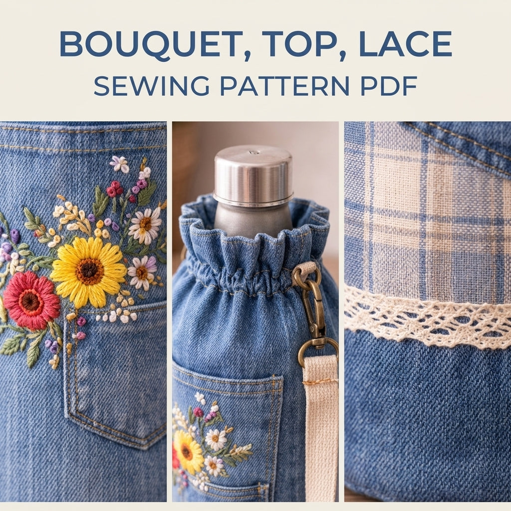 Embroidered Pocket Bottle Bag Sewing Pattern PDF – Upcycled Jeans Bottle Holder