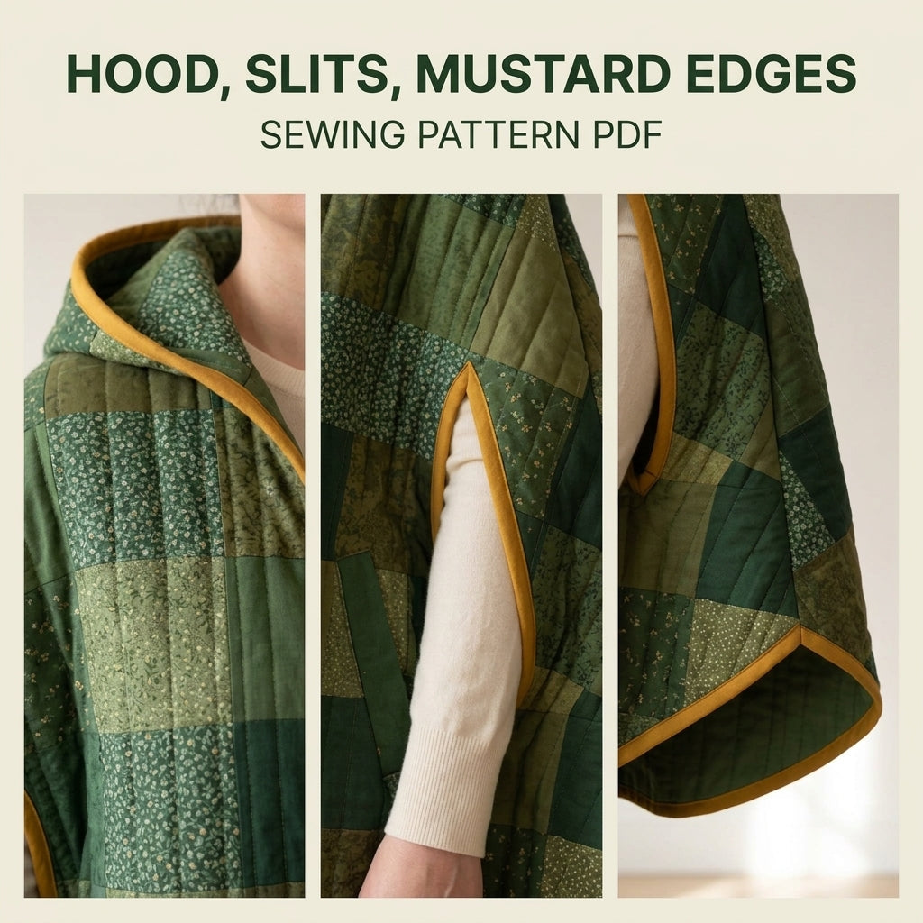 Hooded Patchwork Cape Sewing Pattern PDF – Green Quilted Cape with Arm Slits and Bias Binding