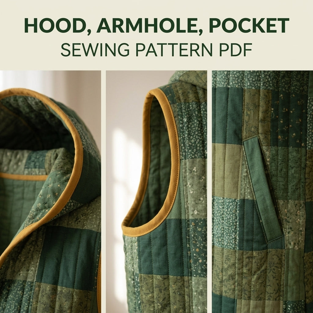 Long Hooded Quilted Vest Sewing Pattern PDF – Knee-Length Patchwork Vest with Pockets and Binding