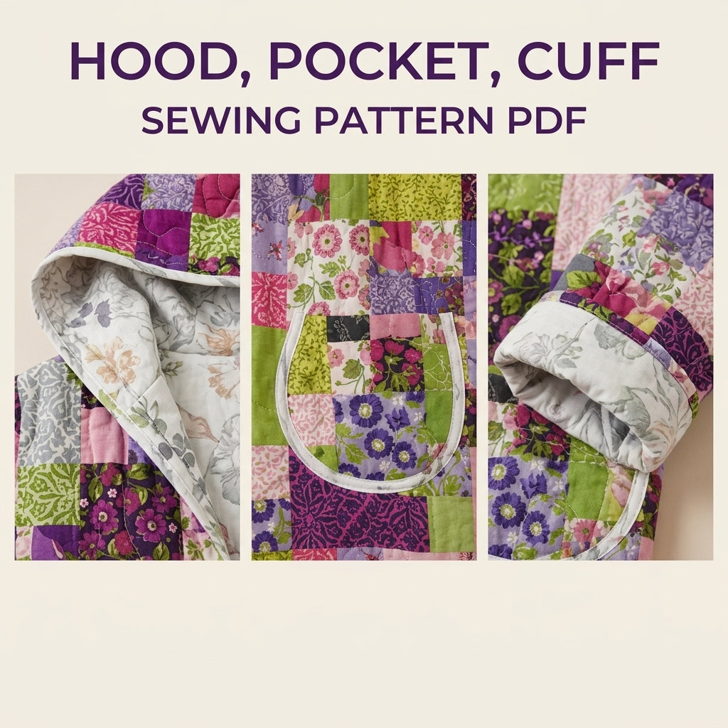 Hooded Patchwork Quilt Coat Sewing Pattern PDF – Long Quilted Coat with Hood