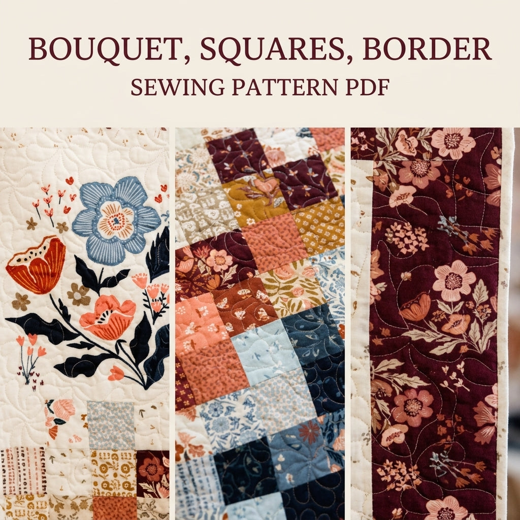 Navy and Burgundy Floral Panel Squares Quilt Sewing Pattern PDF – Easy Quilt with Two Large Print Blocks