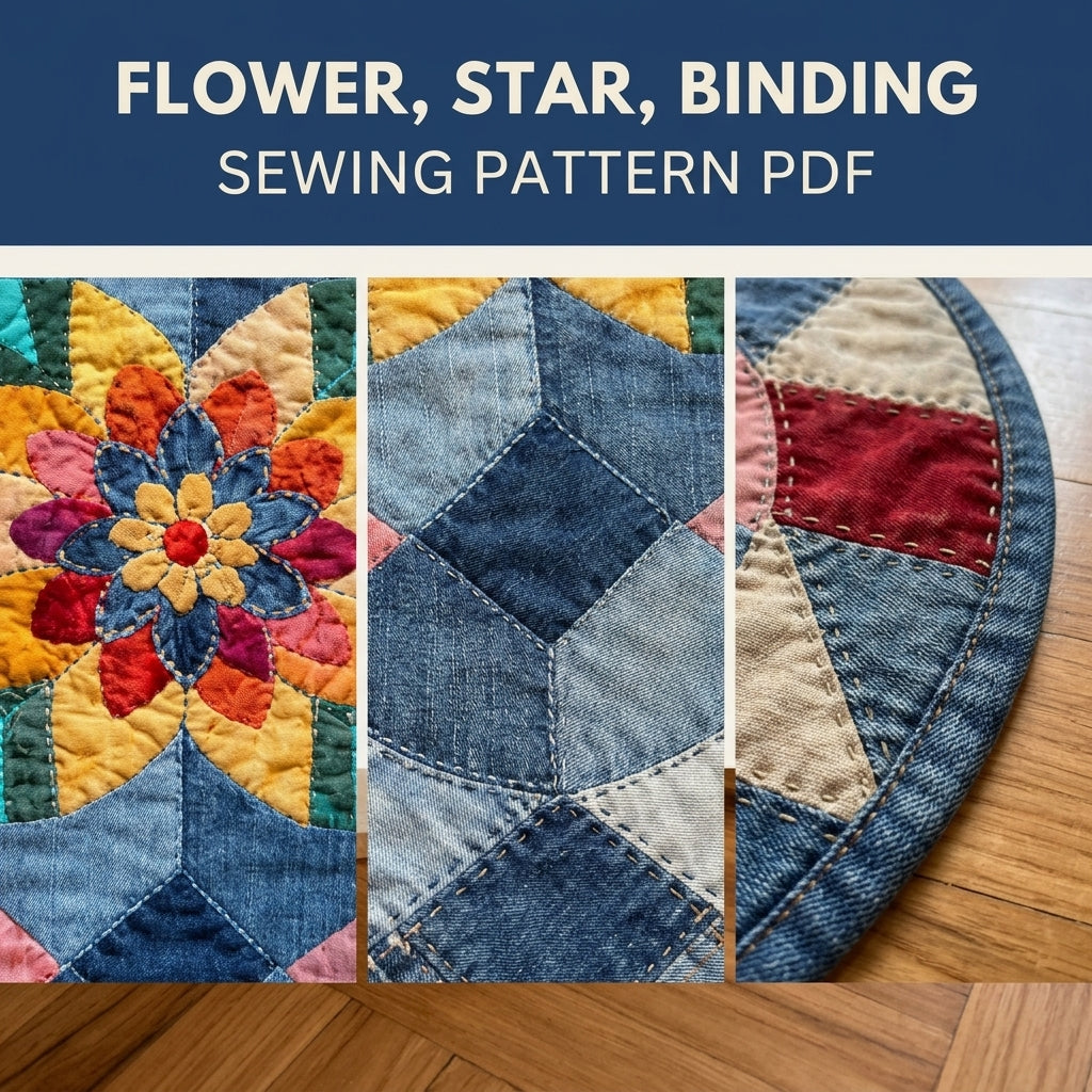 Denim Star Flower Rug Sewing Pattern PDF – Oval Patchwork Rug from Old Jeans