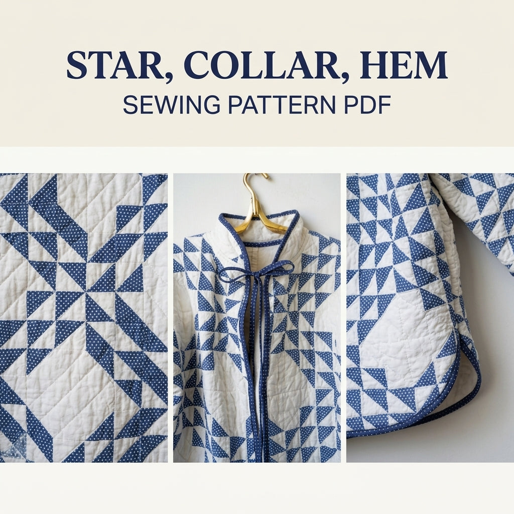 Blue Star Quilt Jacket Sewing Pattern PDF – Tie Collar Jacket with Gathered Back Yoke