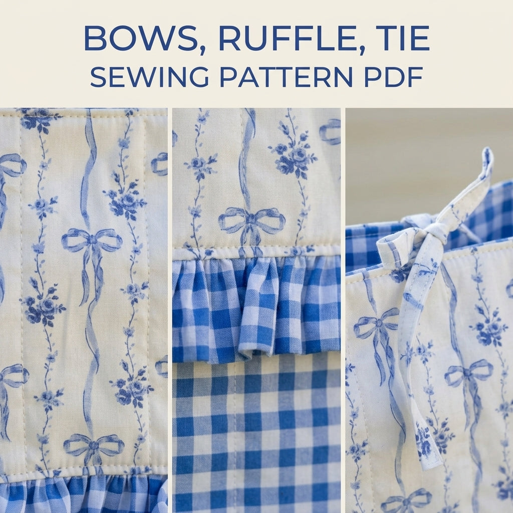 Bow Print Ruffle Tote Sewing Pattern PDF – Blue and White Gingham Bag