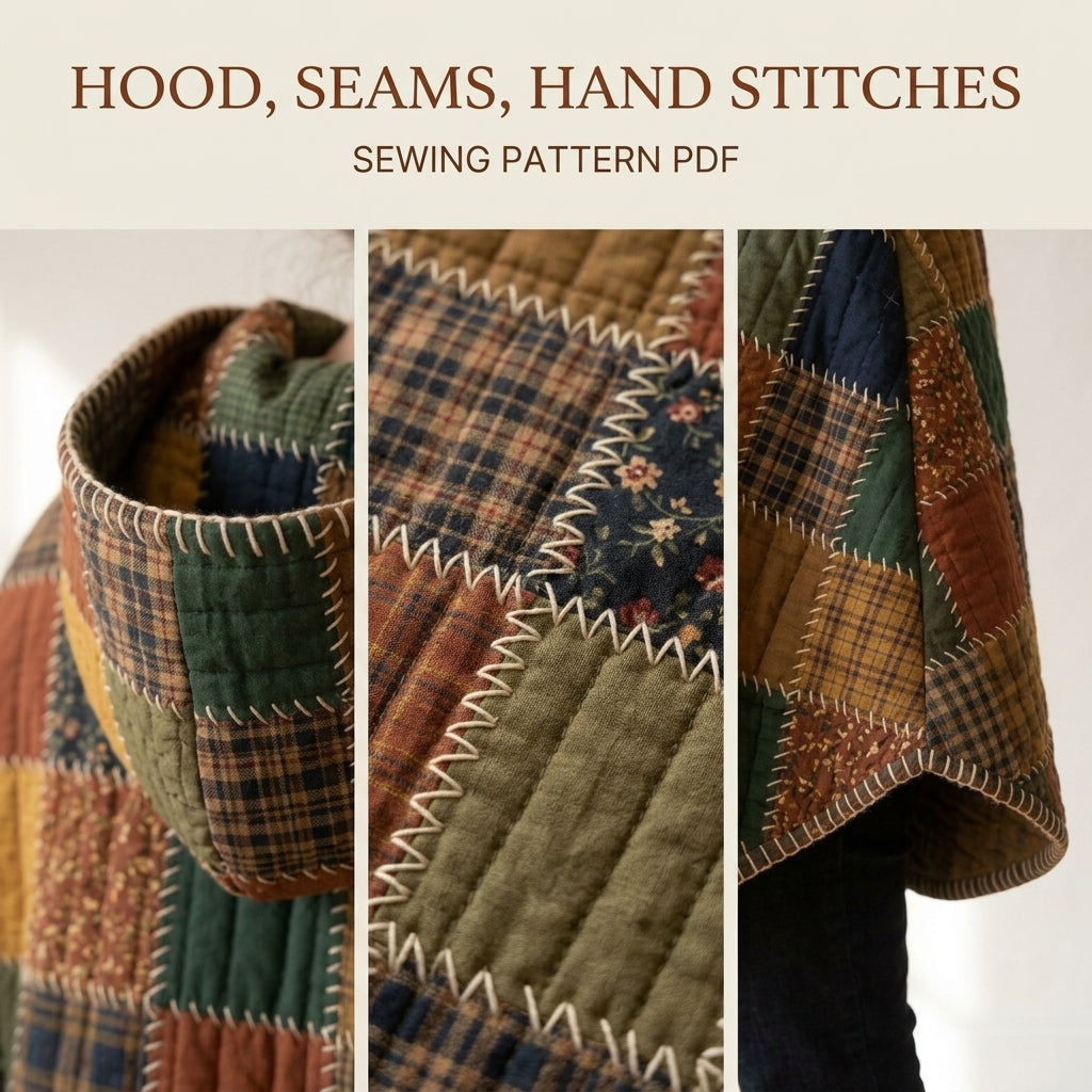 Hooded Patchwork Cape Sewing Pattern PDF – Quilted Autumn Cape with Hand Blanket Stitch Edges and Arm Slits