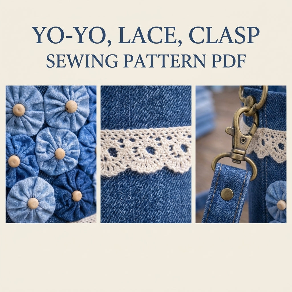 Yo-Yo Flower Denim Bottle Bag Sewing Pattern PDF – Crossbody Water Bottle Holder