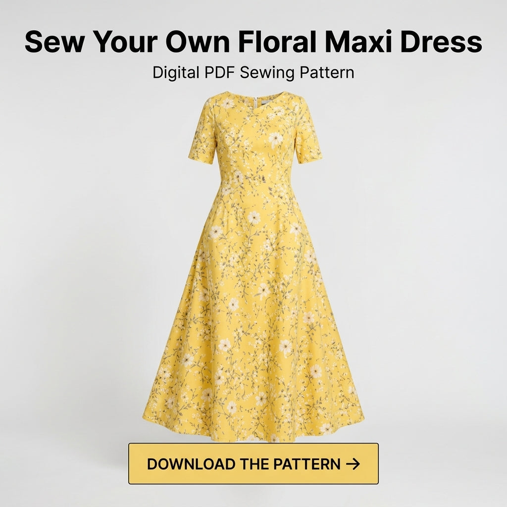 Midi Dress Sewing Pattern — Fitted V-Neck Dress with Flared Skirt and Side Pockets, Sizes XS–3XL, A0 and A4 Layered PDF