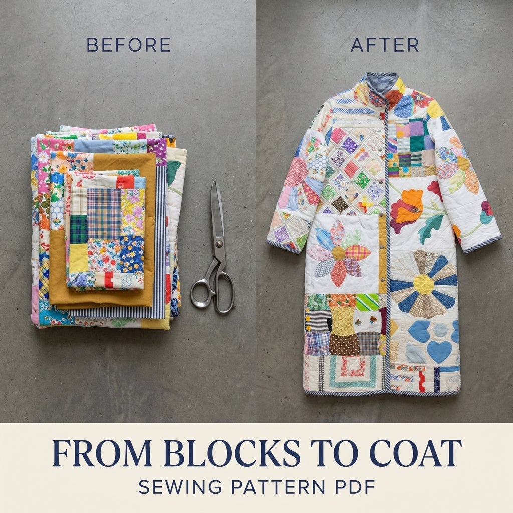 Scrappy Sampler Quilt Coat Sewing Pattern PDF – Long Coat from Orphan Blocks