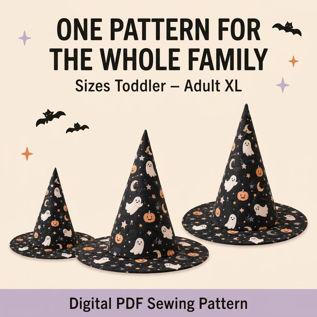 Quilted Witch Hat Table Topper PDF Sewing Pattern | Free-Standing Halloween Centrepiece with Bendy Tip | Black Cat Patchwork | Instant Download