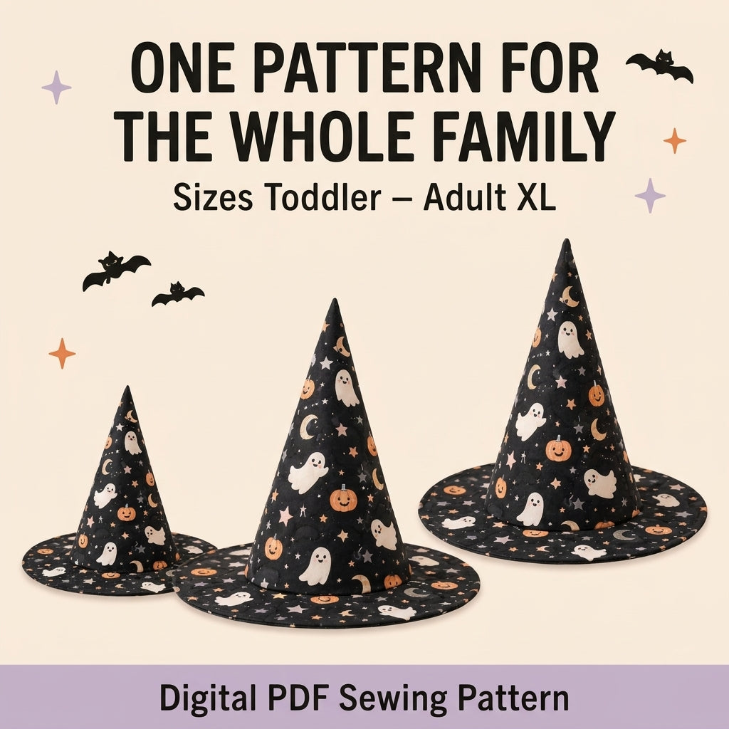 Quilted Witch Hat Table Topper PDF Sewing Pattern | Free-Standing Halloween Centrepiece with Bendy Tip | Black Cat Patchwork | Instant Download