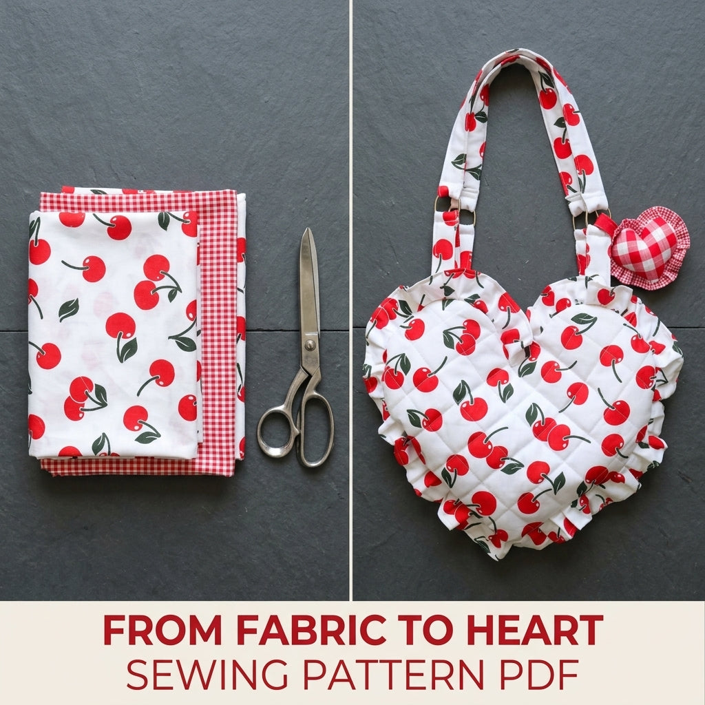 Cherry Quilted Heart Bag Sewing Pattern PDF – Heart Shoulder Bag with Ruffle and Charm